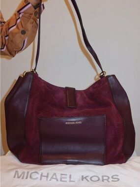 Michael Kors Quincy Large Shoulder Tote Burgundy Suede & Leather